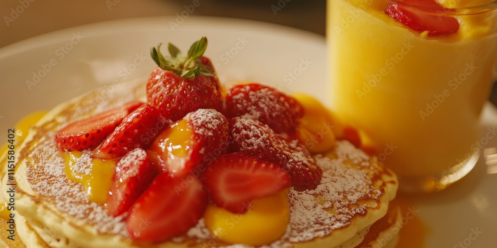Close up image of a pancake adorned with fresh strawberry topping alongside a refreshing mango milkshake, perfect for a relaxing menu, family gatherings, or as inspiration for your digital projects. Close up image of a pancake adorned with fresh strawberry topping alongside a refreshing mango milkshake, perfect for a relaxing menu, family gatherings, or as inspiration for your digital projects.