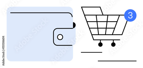 Wallet illustration beside a shopping cart with a notification showing three items. Ideal for online shopping, budgeting, finance management, e-commerce, digital wallets, consumer behavior, retail