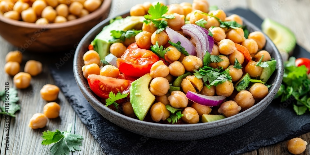 A vibrant chickpeas salad featuring avocado, tomato, coriander, and onion is beautifully arranged on a grey dish. This chickpeas salad is complemented by a bowl of chickpeas on a wooden table. A vibrant chickpeas salad featuring avocado, tomato, coriander, and onion is beautifully arranged on a grey dish. This chickpeas salad is complemented by a bowl of chickpeas on a wooden table.