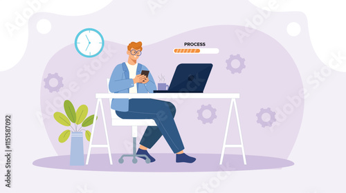A seamless illustration of office productivity, featuring workers engaged in tasks like typing, collaborating in meetings, managing documents, and using computers, all in a cohesive, flow-like design.
