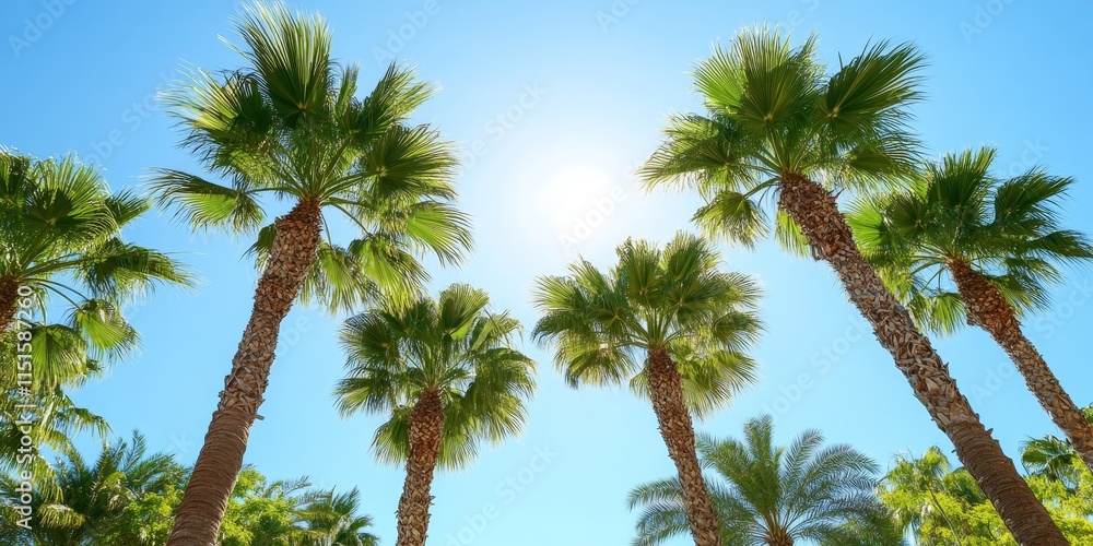 Fototapeta premium Vibrant and healthy palm trees stand tall in a lush tropical environment, showcasing freshly trimmed foliage that highlights the beauty of palm trees in their natural habitat.