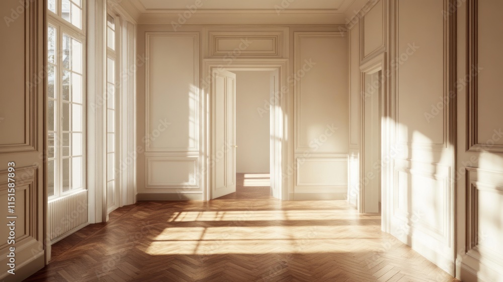 Obraz premium Sunlit Elegance: An Empty Room Basking in Golden Hour Light