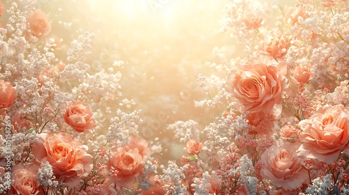 Peach Roses and Baby Breath Flowers in Sunlight photo