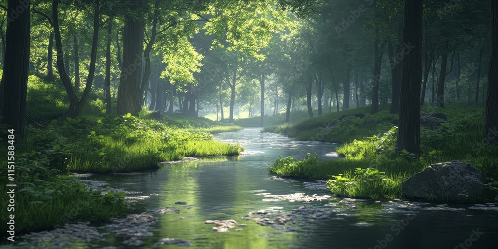 Serene small river meandering through a lush forest, creating a tranquil atmosphere as the small river reflects the beauty of nature surrounding it. Serene small river meandering through a lush forest, creating a tranquil atmosphere as the small river reflects the beauty of nature surrounding it.