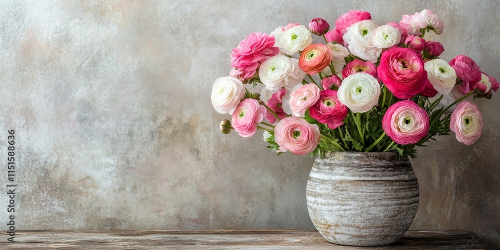 Obraz premium A rustic table holds a textured vase filled with pink and white Ranunculus flowers, showcasing their beauty and vibrant colors. The pink and white shades of Ranunculus stand out beautifully.