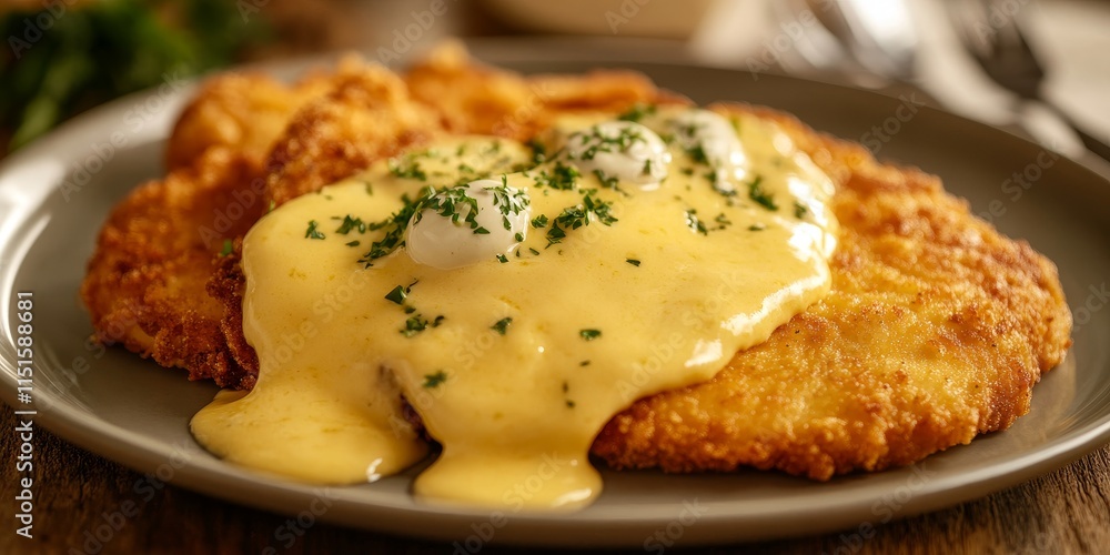 Delicious chicken schnitzel served with a creamy cheese sauce on a plate highlights the delightful flavors of chicken schnitzel, creating a perfect dish for cheese lovers and schnitzel enthusiasts Delicious chicken schnitzel served with a creamy cheese sauce on a plate highlights the delightful flavors of chicken schnitzel, creating a perfect dish for cheese lovers and schnitzel enthusiasts