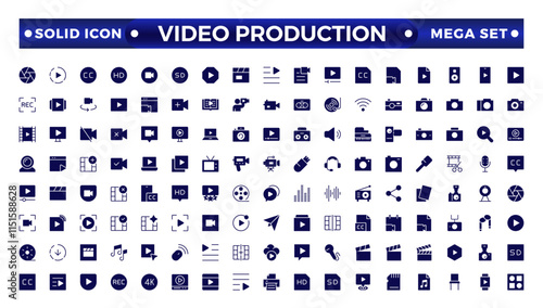 Video icon set. Containing camera, play, pause, media, online video, live, production, player, movie and cinema icons.video production icon solid icon collection.
