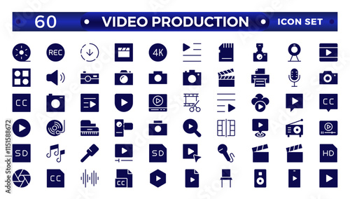 Video icon set. Containing camera, play, pause, media, online video, live, production, player, movie and cinema icons.video production icon solid icon collection.
