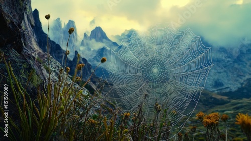 Spider web intricately woven among towering mountains showcases nature s artistry, highlighting the delicate beauty of the spider web in a breathtaking landscape setting.