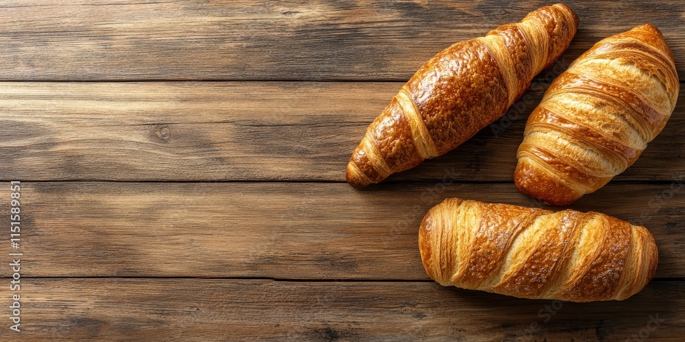 Fluffy, soft long loaf paired with a French baguette and a croissant rests on a wooden surface, perfect for breakfast or lunch, with ample space for additional text. Fluffy, soft long loaf paired with a French baguette and a croissant rests on a wooden surface, perfect for breakfast or lunch, with ample space for additional text.