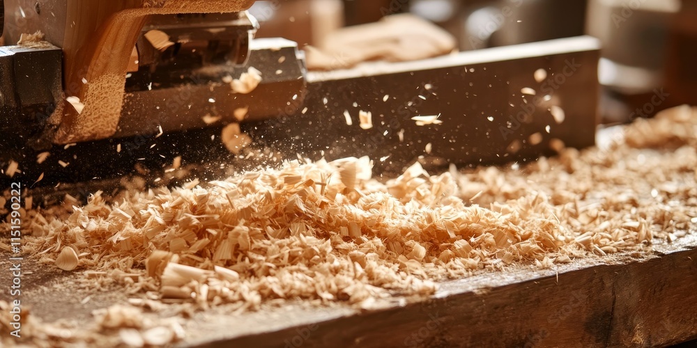 Wood shavings adorn a wooden surface as a carpenter skillfully operates a planer. This scene captures the intricate work of a carpenter using a planer, showcasing craftsmanship with wood. Wood shavings adorn a wooden surface as a carpenter skillfully operates a planer. This scene captures the intricate work of a carpenter using a planer, showcasing craftsmanship with wood.