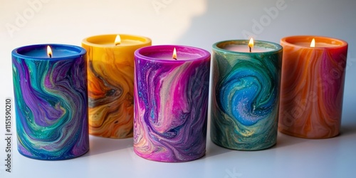 Vibrant and colorful handmade soy candles feature unique designs in various hues, creating a relaxing atmosphere that embodies a luxurious lifestyle. Experience the essence of handmade soy candles. photo