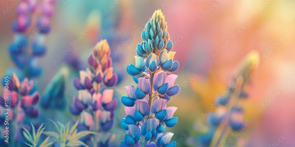 Obraz premium Background featuring the delicate beauty of lupine flowers, showcasing the intricate details and vibrant colors of the lupine, perfect for nature themed projects or designs.