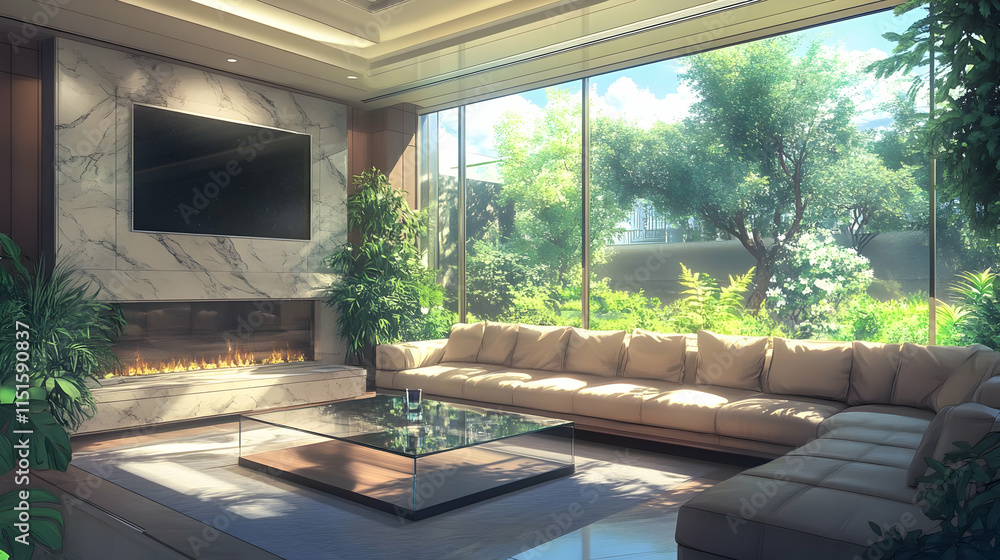 Modern Living Room with Garden View: Luxury Home Interior Design Modern Living Room with Garden View: Luxury Home Interior Design