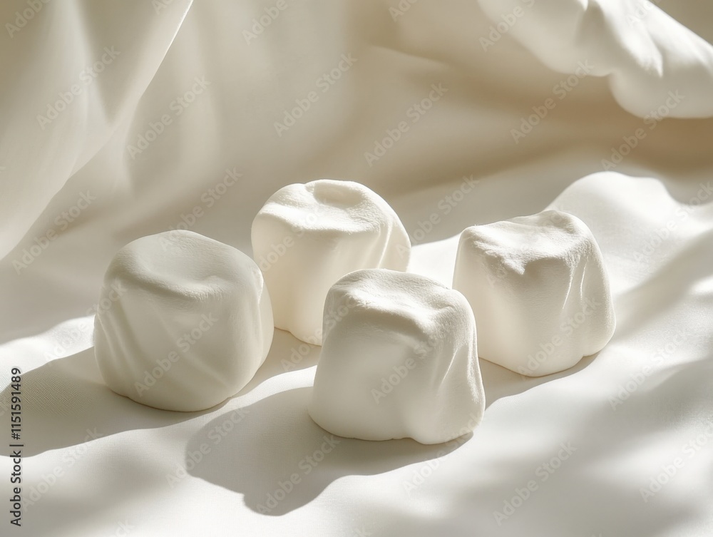 four white marshmallows on a white sheet four white marshmallows on a white sheet