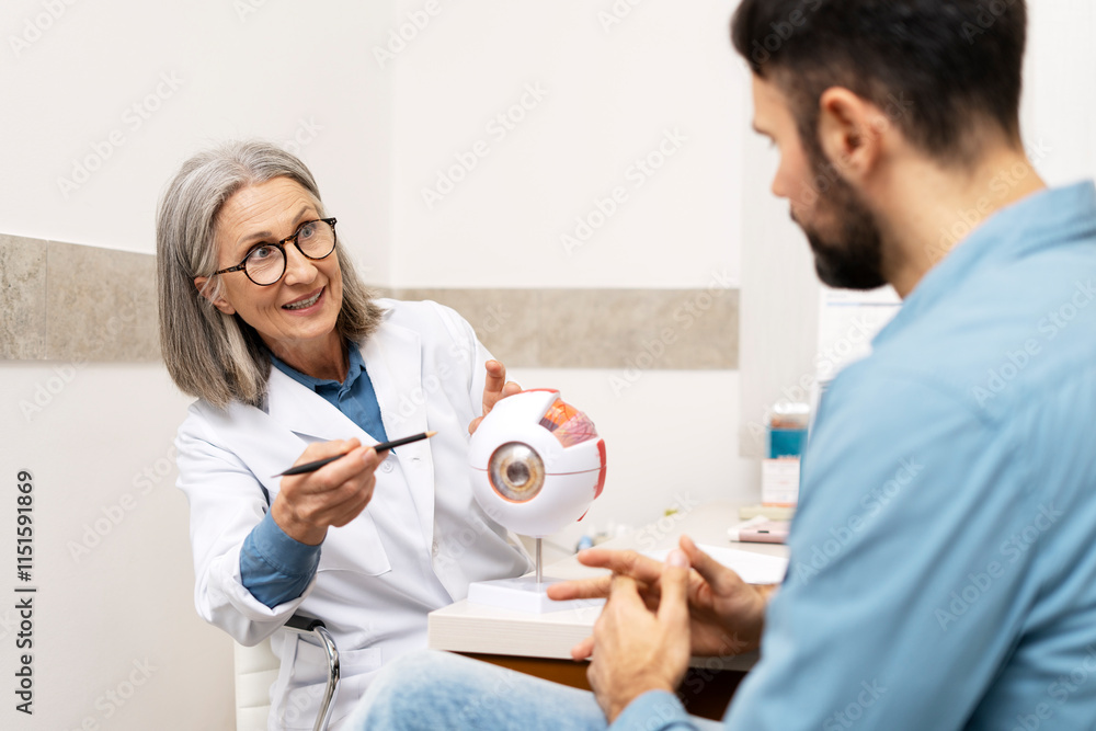 Fototapeta premium Senior female ophthalmologist explaining eye anatomy to patient using model