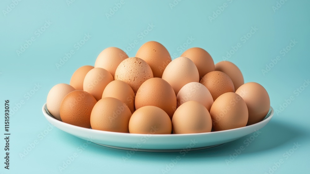 Fresh Brown Eggs in Bowl Pastel Blue Background Food Photography