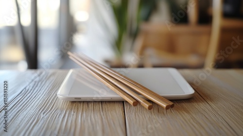Two pairs of chopsticks on a modern white tablet. Set on a wooden table with a blurred background.