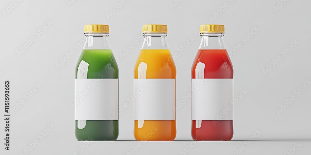 Obraz premium Juice Bottle Mock Up featuring three bottles presented with a blank label for customization. This Juice Bottle Mock Up provides a clean canvas for showcasing branding and design ideas.