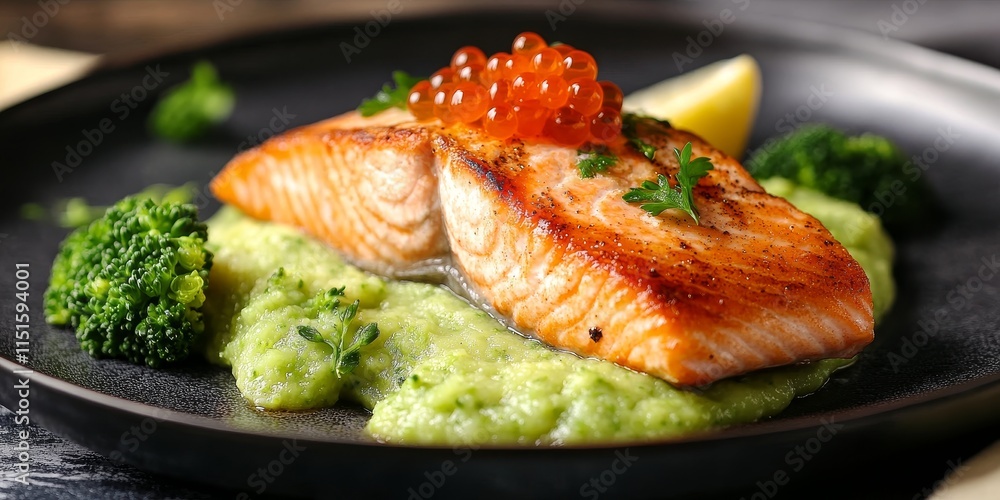 Salmon fillet served with a smooth broccoli puree, complemented by lemon and vibrant red caviar. Enjoy a delicious fried salmon steak alongside nutritious broccoli for a healthy seafood dish. Salmon fillet served with a smooth broccoli puree, complemented by lemon and vibrant red caviar. Enjoy a delicious fried salmon steak alongside nutritious broccoli for a healthy seafood dish.