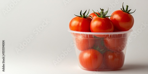 Fresh red tomatoes displayed in a plastic cup, vividly showcasing the tomatoes against a clean white background, highlighting the vibrant color and freshness of the tomatoes. photo