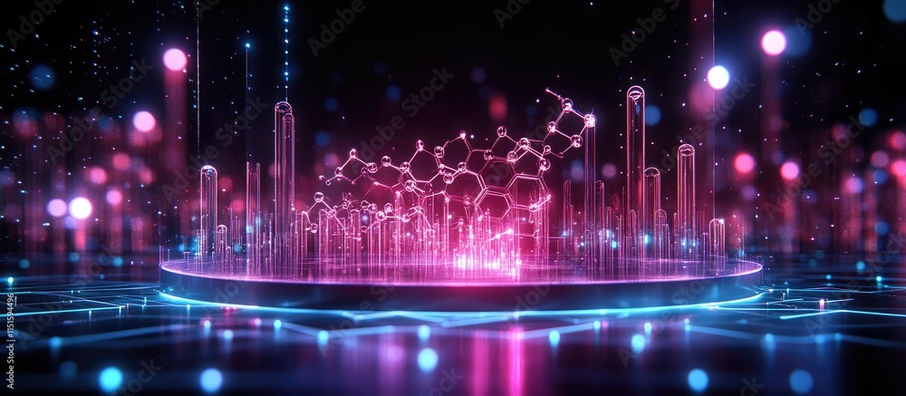 Abstract Neon Cityscape with Molecular Structure Abstract Neon Cityscape with Molecular Structure