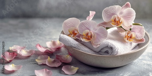 Serene spa background featuring a towel, delicate orchids, and petals elegantly arranged in a bowl, creating a tranquil ambiance ideal for relaxation and rejuvenation in a spa setting. photo