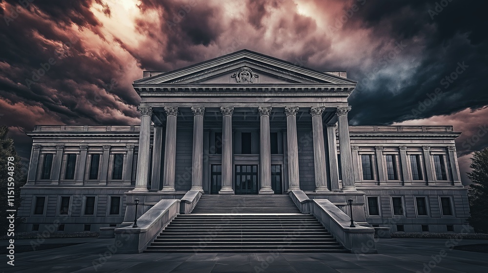Fototapeta premium Dramatic courthouse exterior featuring towering stone columns and grand architecture, symbolizing justice, authority, and the importance of legal proceedings in society.