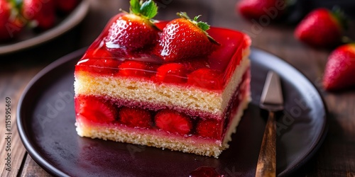 Delight in a fresh strawberry jelly cake featuring a fruity layer, perfectly encased in smooth jelly. This vibrant cake with jelly topping is a treat for any dessert lover. photo