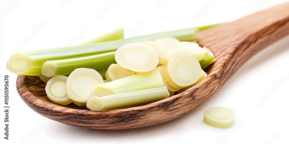 Fresh lemongrass slices displayed in a wooden spoon, isolated on a white background, showcasing the vibrant colors and textures of lemongrass with full depth of field for a clear perspective. Fresh lemongrass slices displayed in a wooden spoon, isolated on a white background, showcasing the vibrant colors and textures of lemongrass with full depth of field for a clear perspective.