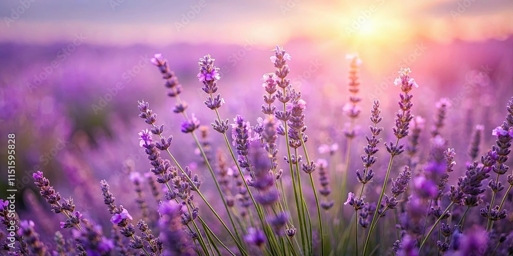 Fototapeta premium Serene Sunset Lavender Field A breathtaking view of purple lavender blossoms bathed in the warm glow of the setting sun.