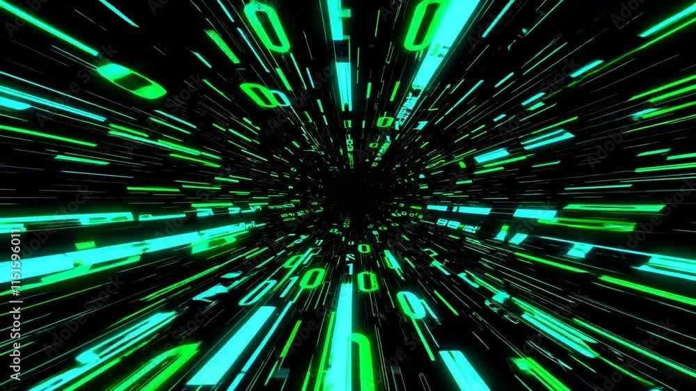Futuristic digital data stream with green binary code accelerating into a void. Represents data, speed, and technology innovation.