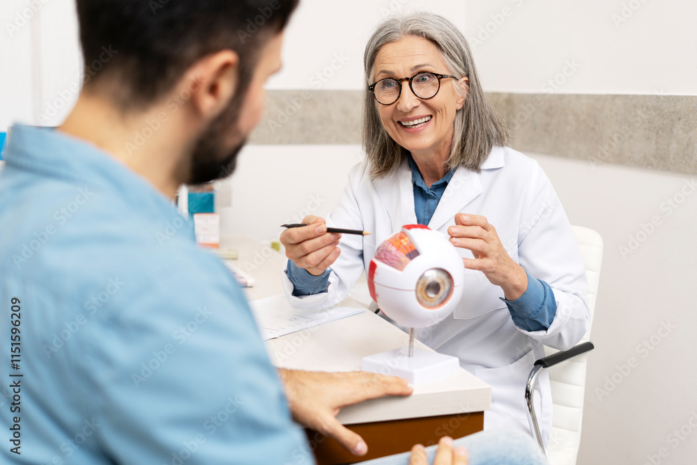 Obraz premium Senior female ophthalmologist explaining eye anatomy to patient using plastic model