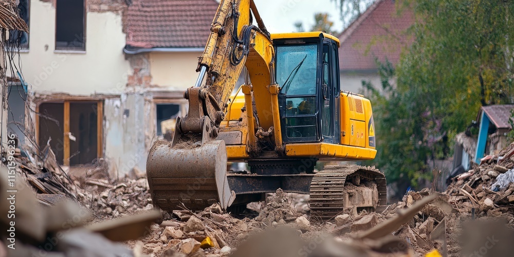 A digger is actively involved in the demolition of houses, facilitating the process of reconstruction. This digger plays a crucial role in the demolishing of structures for new developments.