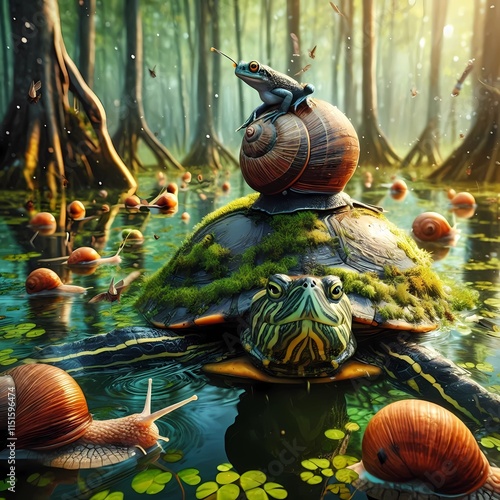 Turtle, snail and frog