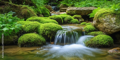 Lush moss decorates the rocky edges of a serene stream, enhancing the tranquil atmosphere in this beautiful scene where nature s elements intertwine harmoniously. Explore the beauty of moss in nature.