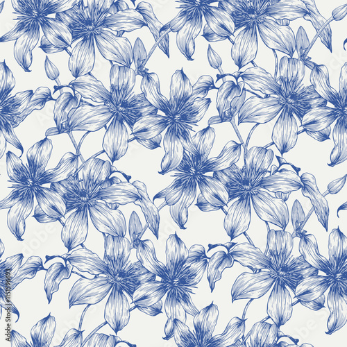 Vintage seamless pattern toile art with flowers of Clematis. Blue beige. Hand drawn elements. Monochrome. Floral vector background for design textile, paper, fabric, wallpaper, fashionable clothes