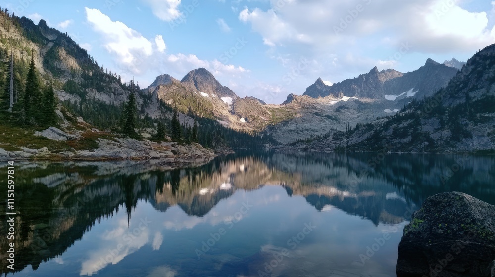 Fototapeta premium Serene Mountain Lake Reflection: A Stunning Panorama of Nature's Beauty