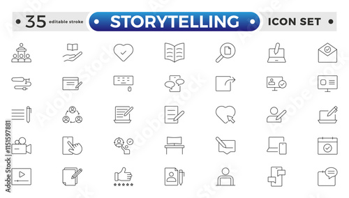 Storytelling and content creator Outline icon, creative campaign among blog audience, article and typewriter of author. Storytelling editable stroke outline icon.
