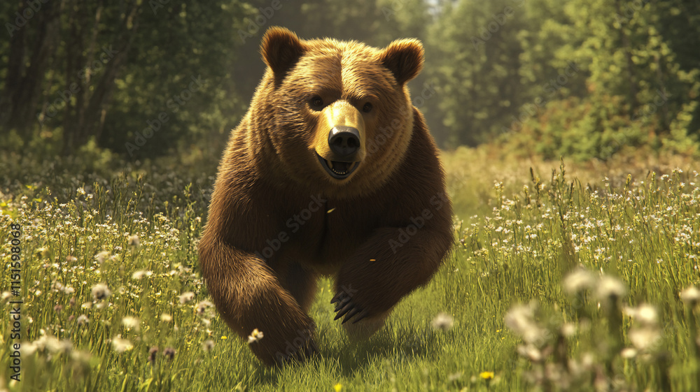 running bear during mid-day in a grassfield with a birds eye view running bear during mid-day in a grassfield with a birds eye view