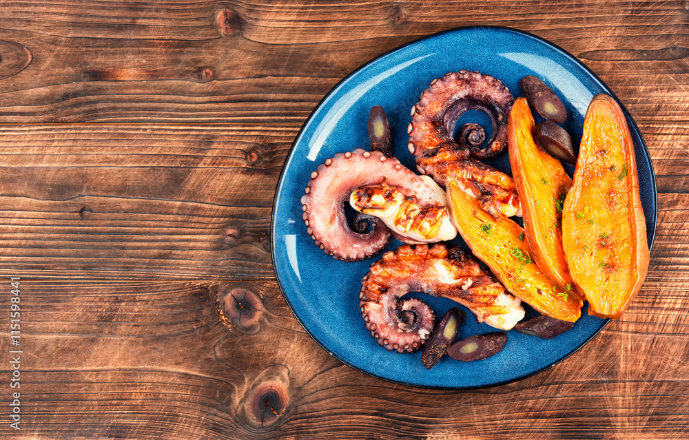 Fototapeta premium Grilled octopus with vegetables.