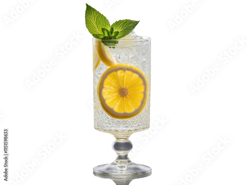 Botswanan Chibuku in tall glass garnished with slice of lemon and sprig of mint photo