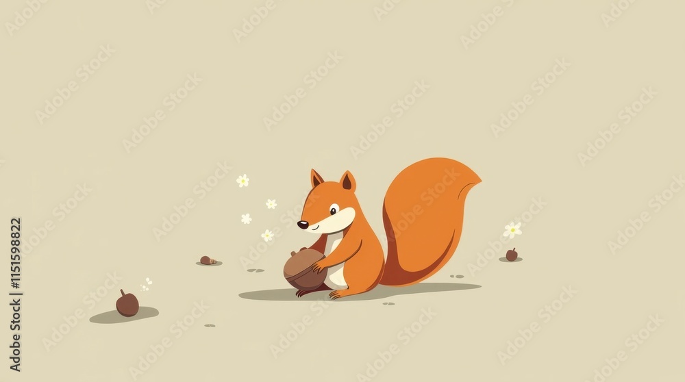 Fototapeta premium Curious Squirrel Holding an Acorn - Minimalist Vector Illustration