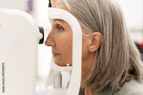 Fotografie Senior woman undergoing eye exam with modern equipment