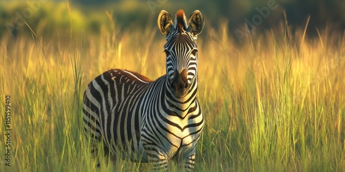 Wild African zebra gracefully stands in lush tall grass, showcasing the beauty of the wild African zebra in its natural habitat while blending seamlessly with the vibrant surroundings.
