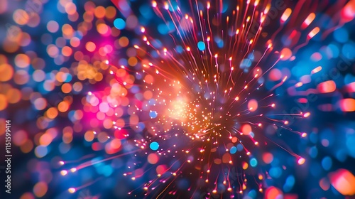 A vibrant display of starburst fireworks in neon colors, with a bold "Happy New Year" text overlay.