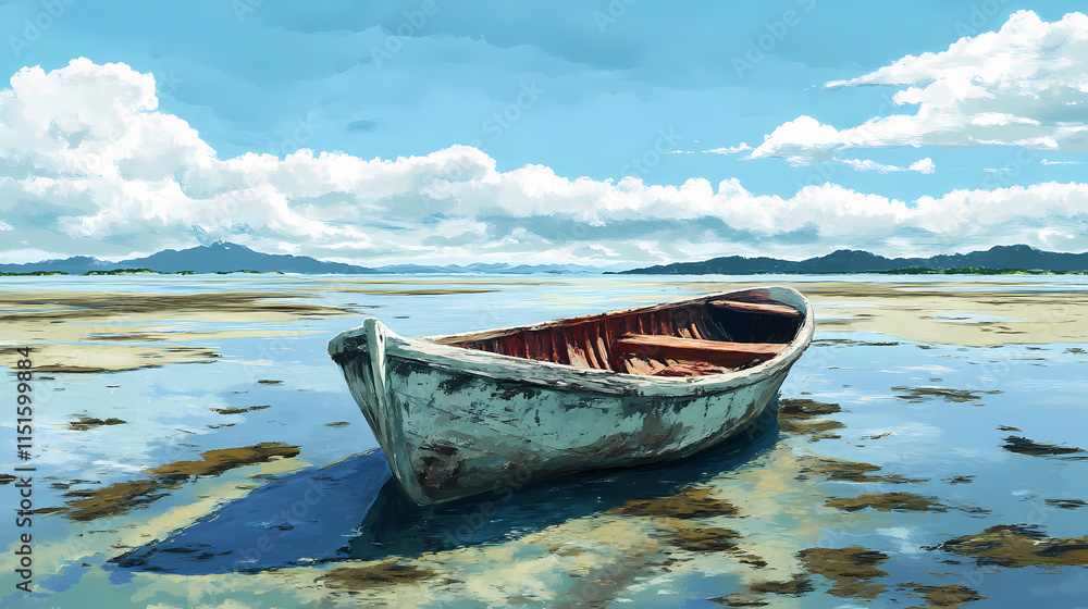 Old clinker dinghy rests on shallow water's bottom with stunning mount maunganui in the distance, showcasing natural. Cinder. Illustration Old clinker dinghy rests on shallow water's bottom with stunning mount maunganui in the distance, showcasing natural. Cinder. Illustration