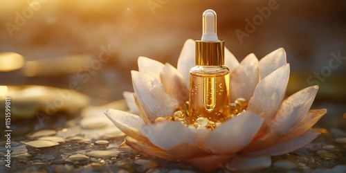 The concept of natural beauty skincare featuring gold includes a plastic bottle and pipette containing serum, moisturizing oil, and vitamin supplements, showcased in a lotus blossom. photo