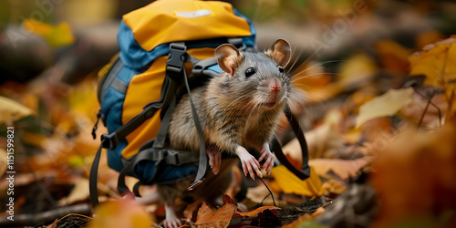 Fototapeta Naklejka Na Ścianę i Meble -  Rat hiking with backpack and gear in the wilderness
