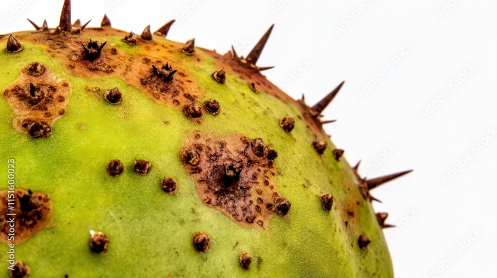 close up of a spiky green fruit with brown spots close up of a spiky green fruit with brown spots